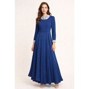 bkmgc Womens Dress M Blue Paisley Collar Cuff Modest Midi Prairie Cottagecore